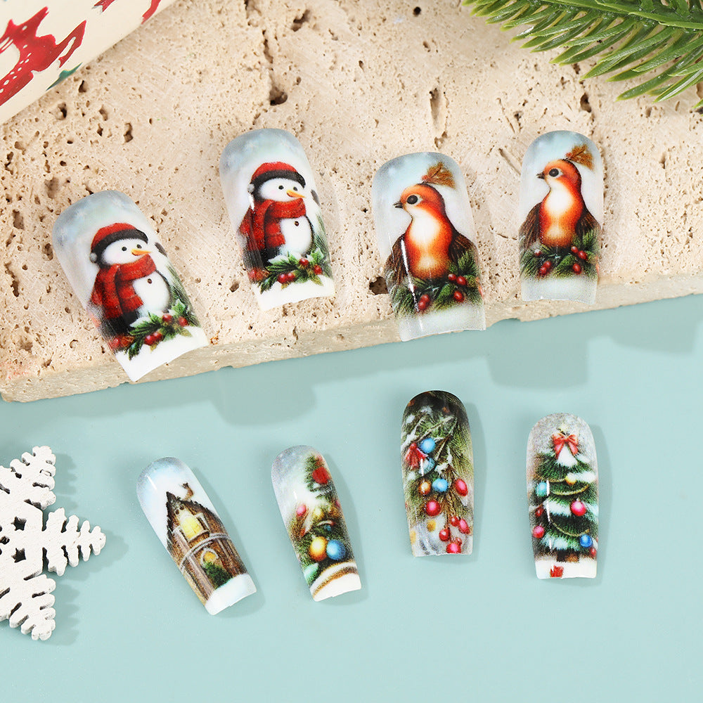 Christmas Nails with Snowmen and Tree Scenes | Press On Nail Set in White | Festive Winter Manicure for Xmas Parties