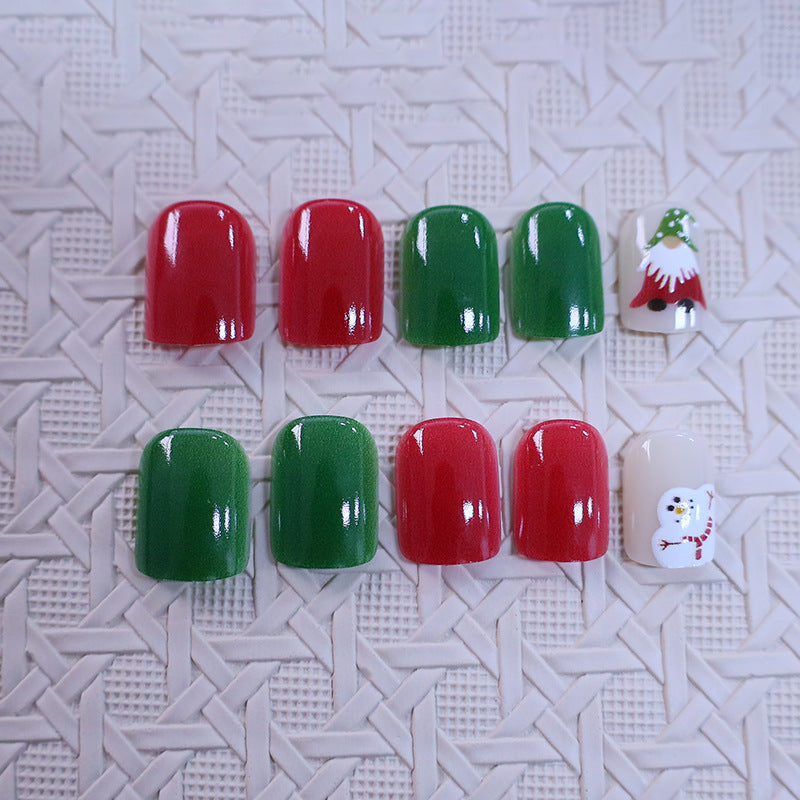 Green Christmas Nails with Tree and Snowman Art | Short Round Festive Set | Gift Boxed with Application Guide