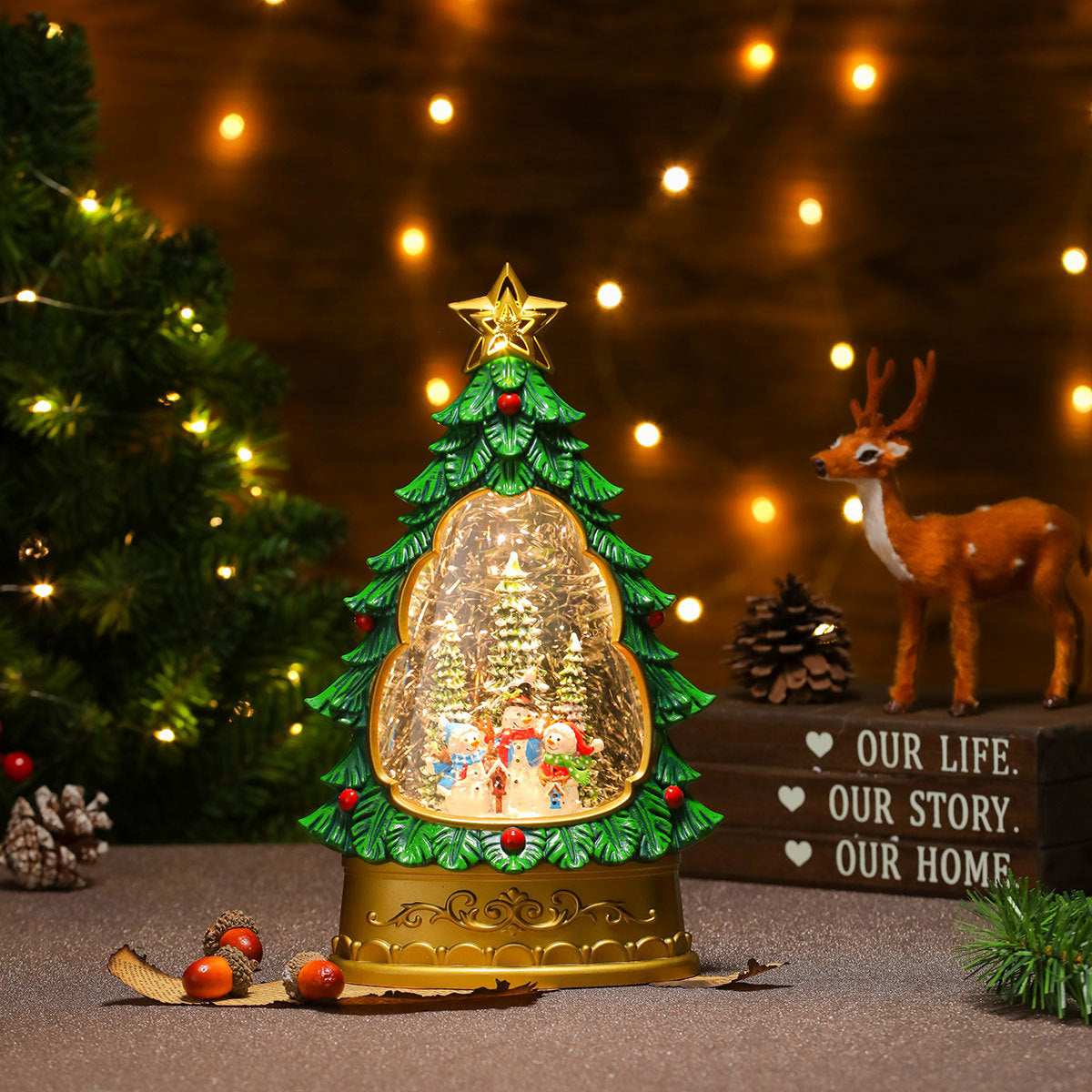 Snowman Inside a Lit Christmas Tree Dome | Star Topper and Painted Ornament Details | Warm LED Glow for Living Room Tables