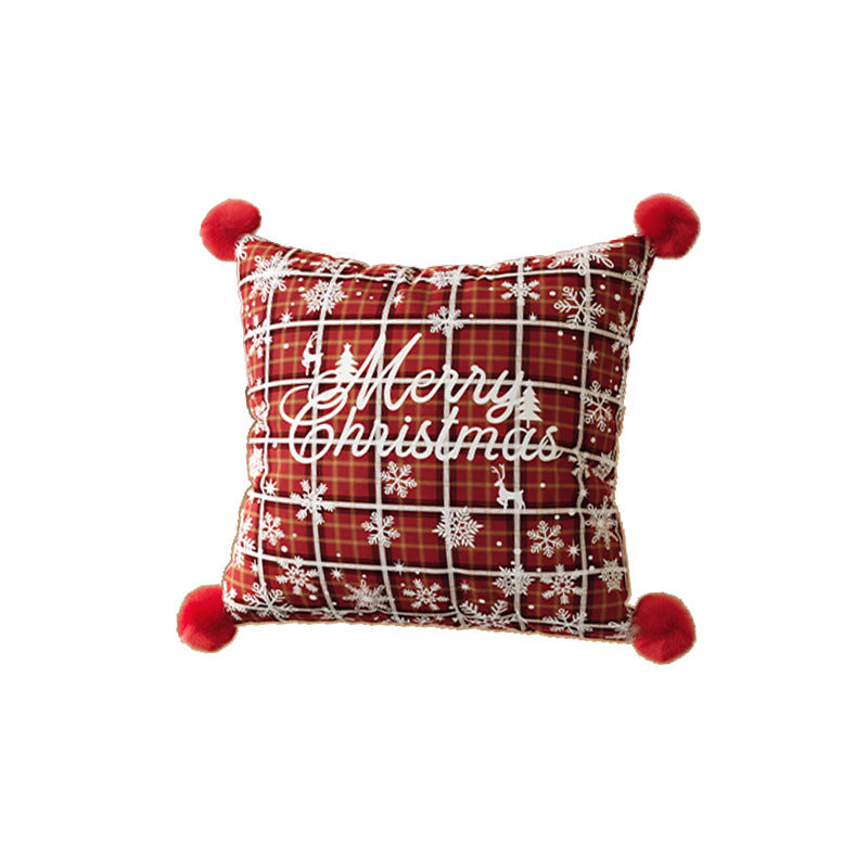 Plaid Throw Pillow Cover for Christmas Decorations with Pom-Pom Corners | Merry Lettering, Hidden Zipper | Five Designs, Three Sizes