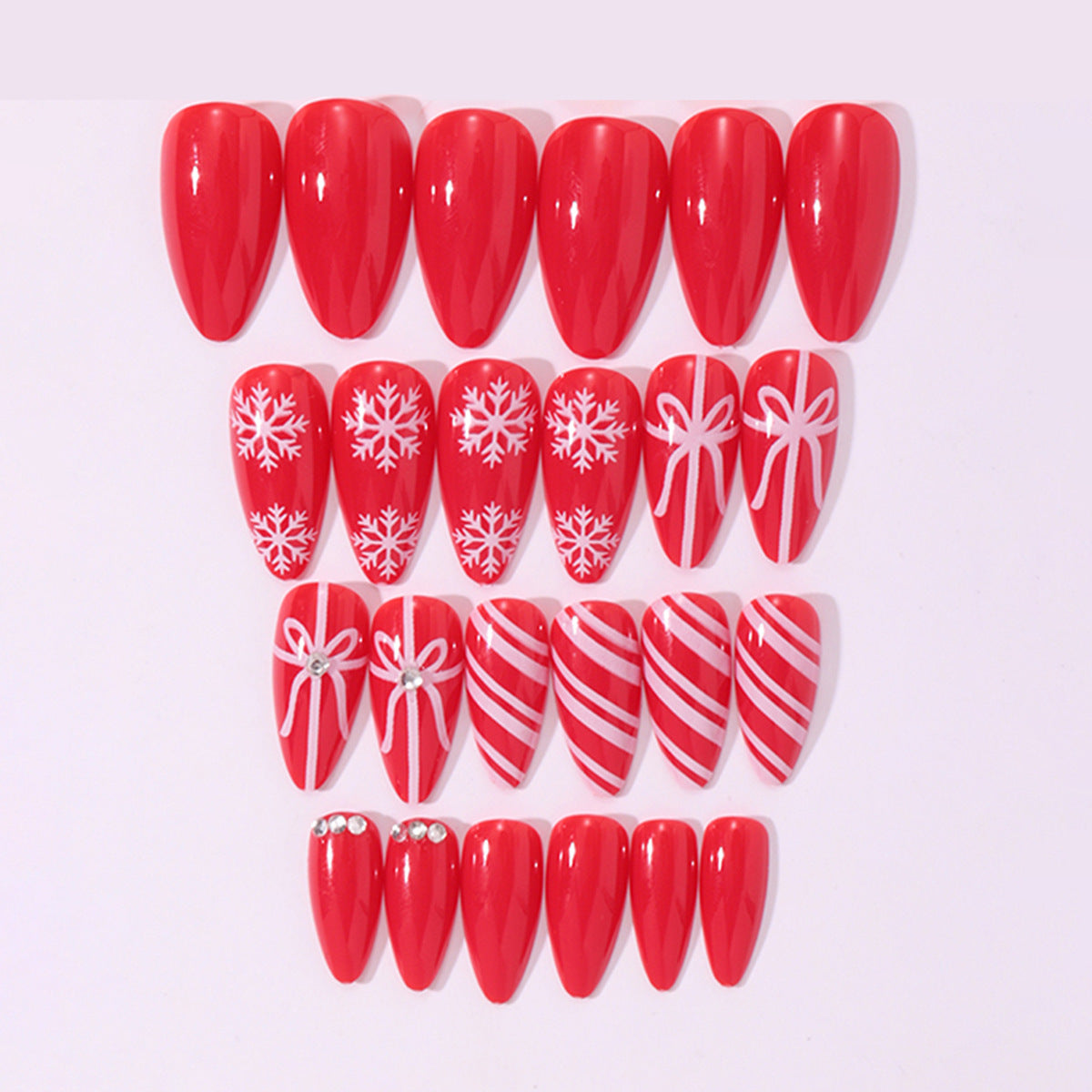 Red and White Christmas Nails with Snowflake Art | Glossy Press On Nail Designs | Festive Manicure for Holiday Dinner