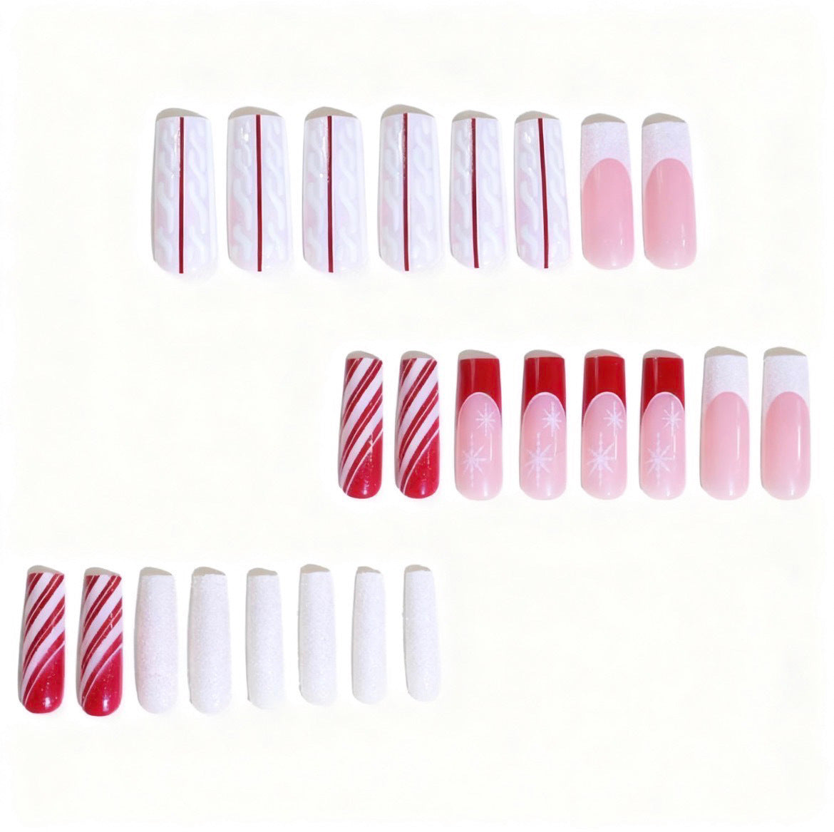 Christmas Acrylic Nails with Glitter and Candy Stripe Art | Long Coffin Press On Tips | Comfortable Fit for Parties
