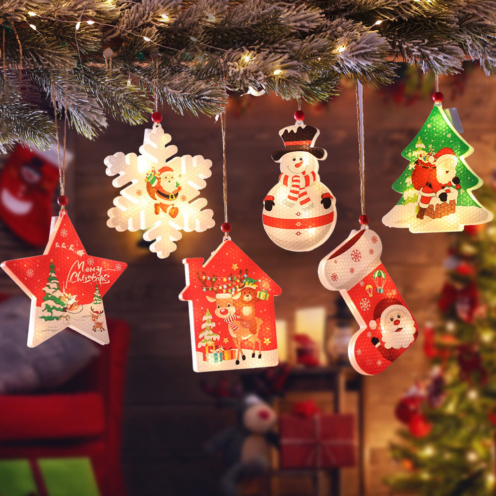 Light Up Snowman Christmas Ornaments with Star, House and Stocking Shapes | Wooden Hanging Decor on a Cord | Warm Indoor Glow