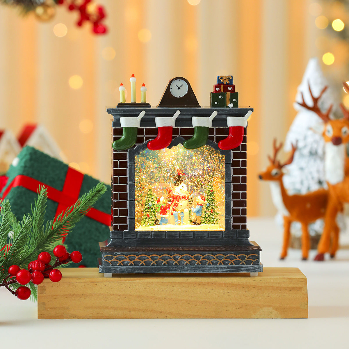 Fireplace Decoration with Christmas Lights | Stockings and Clock Detail | On Off Switch for Mantel or Shelf Display