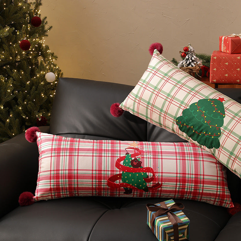 Extra Long Plaid Lumbar Pillow for Christmas Living Room | Pom-Pom Corners, Cotton Blend Cover | 13.78 x 35.43 in, Five Designs