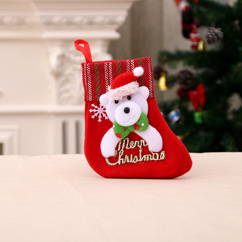 Christmas Stocking with a Plush Bear in a Santa Hat | Embroidered Snowflakes and Greeting | Mantel Decorations with a Loop