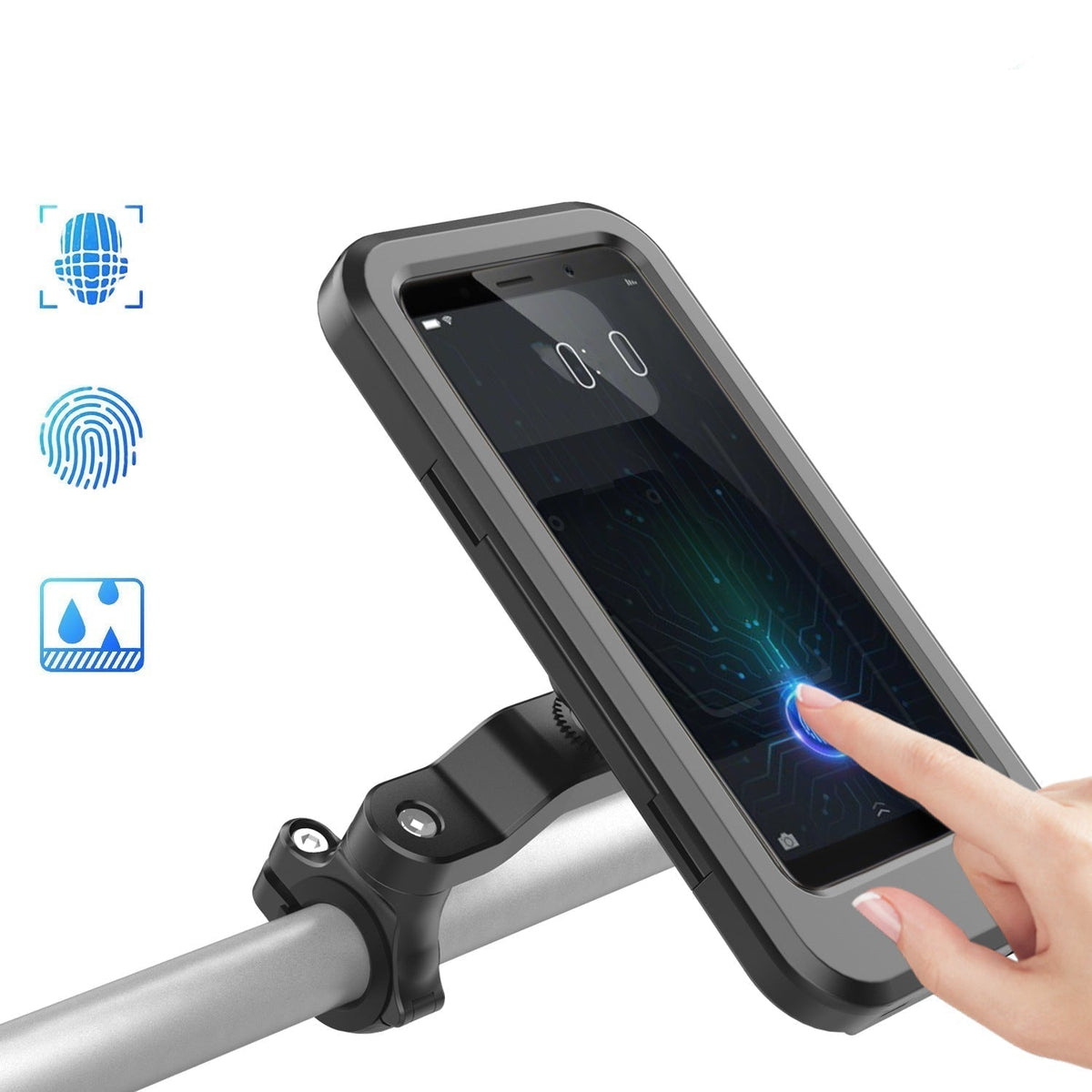 Waterproof Bike Phone Mount with Touch Through Case | Fits 4.5 to 6.8 Inch Screens on 22 to 28.5 mm Bars | Power Bank Option