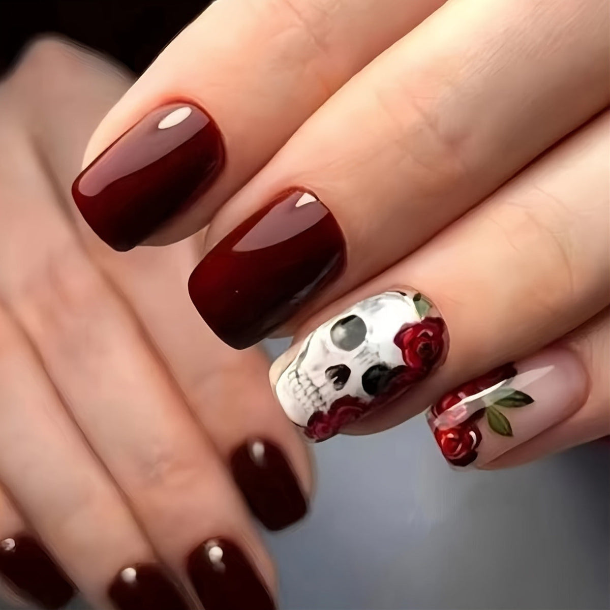 Halloween Skull Floral Press-On Nails | Available in Deep Red | Glue-Free Application in Minutes for Parties and Nights Out