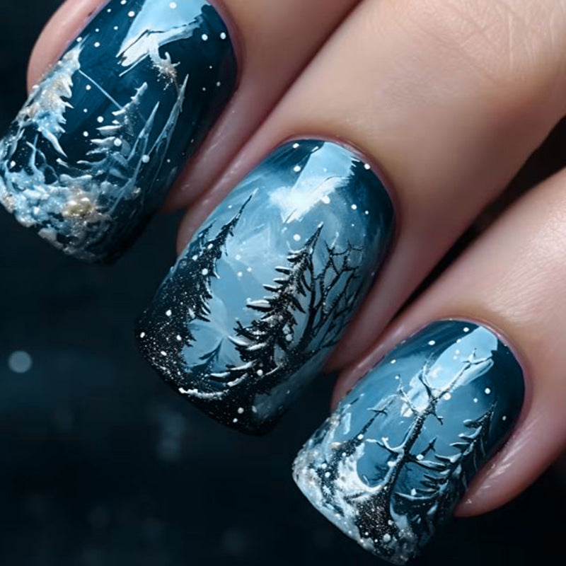 Winter Wonderland Press-On Nails with Frosted Tree Scenes | Falling Snowflake Art in Deep Blue | Durable Acrylic Set