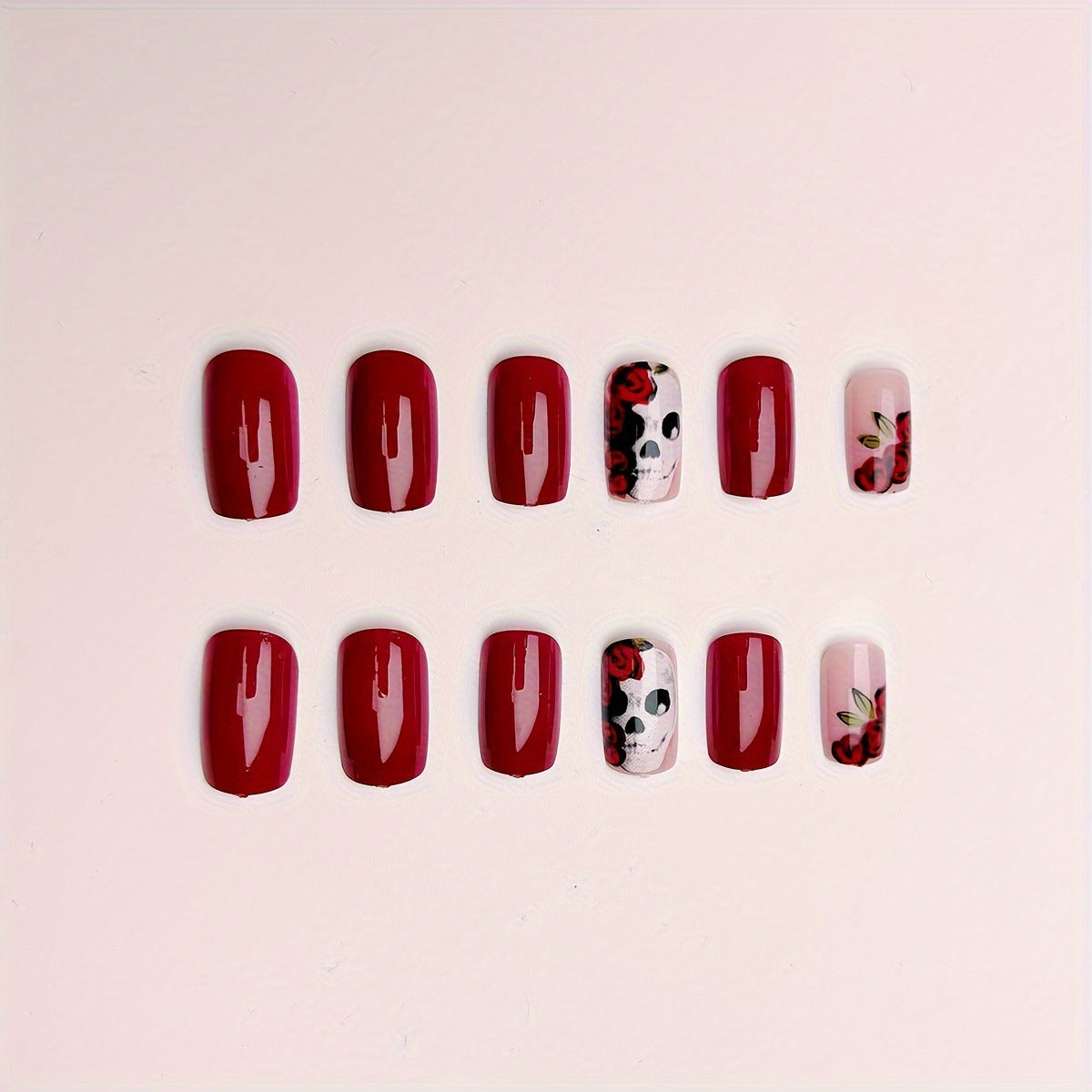 Halloween Skull Floral Press-On Nails | Available in Deep Red | Glue-Free Application in Minutes for Parties and Nights Out
