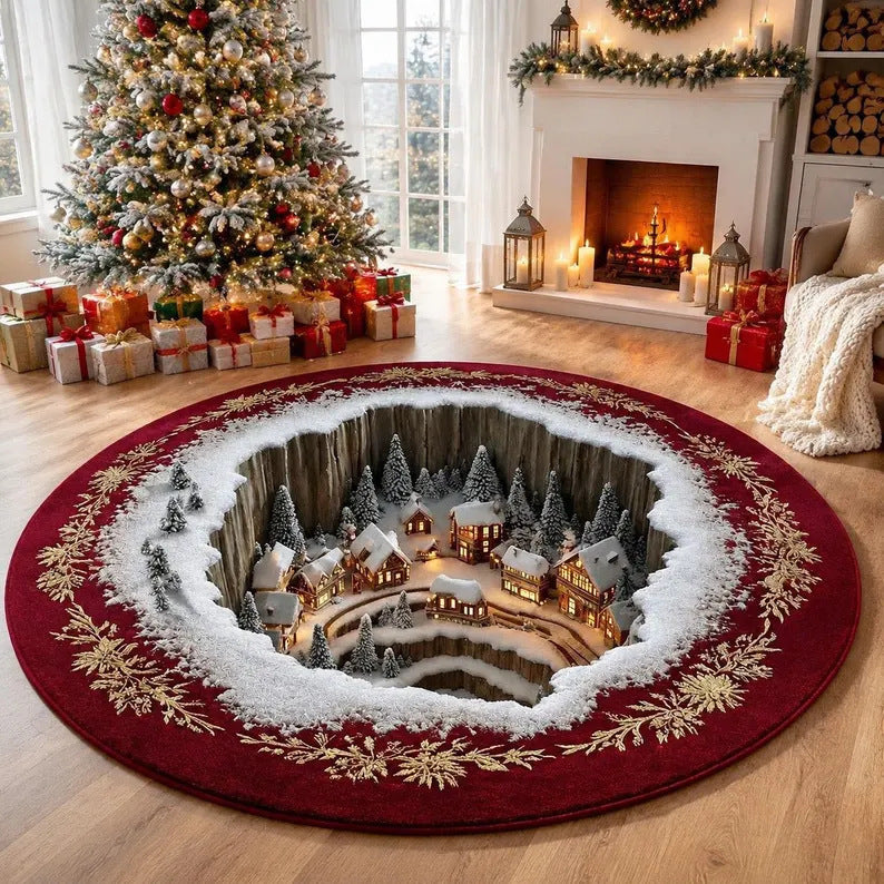 Round Christmas Rug with Festive Seasonal Motifs | Soft Plush Area Carpet for Living Rooms | Six Designs Available