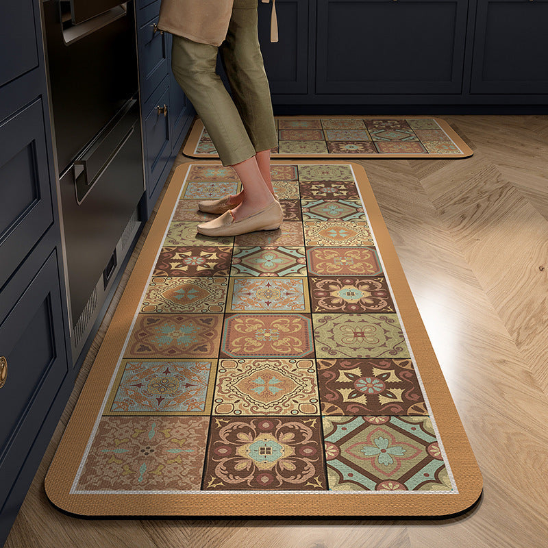 Cushioned Kitchen Rug Runner with Tile Print Border | Non-Slip Backing for Sink and Stove | 13 Designs