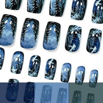 Winter Wonderland Press-On Nails with Frosted Tree Scenes | Falling Snowflake Art in Deep Blue | Durable Acrylic Set