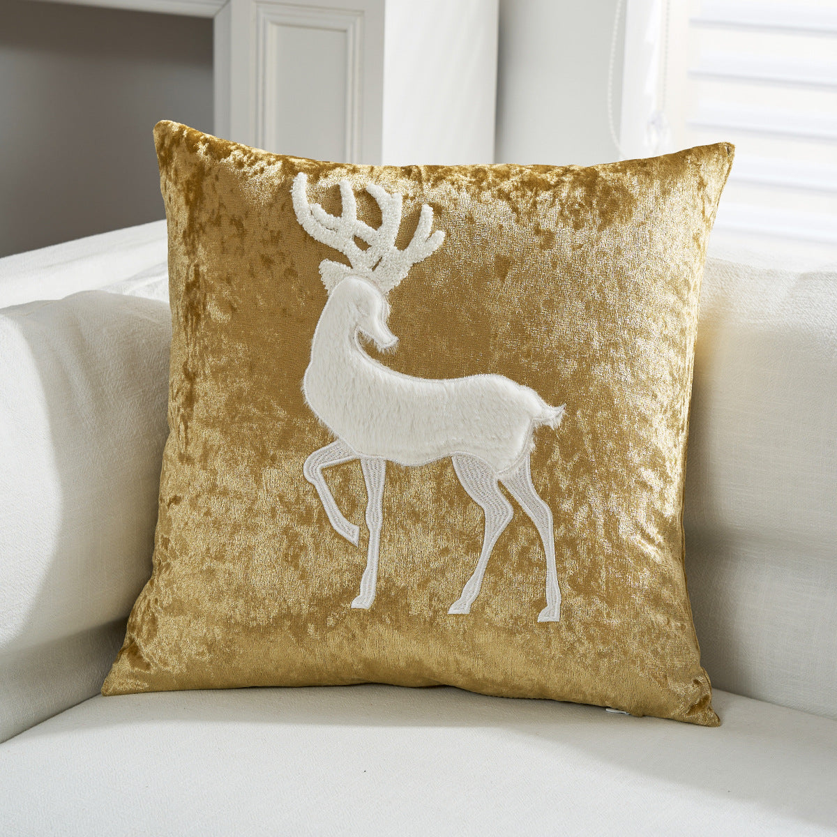 Crushed Velvet Christmas Throw Pillow with Reindeer Applique | Hidden Zipper, Washable Cover | Festive Living Room Decorations