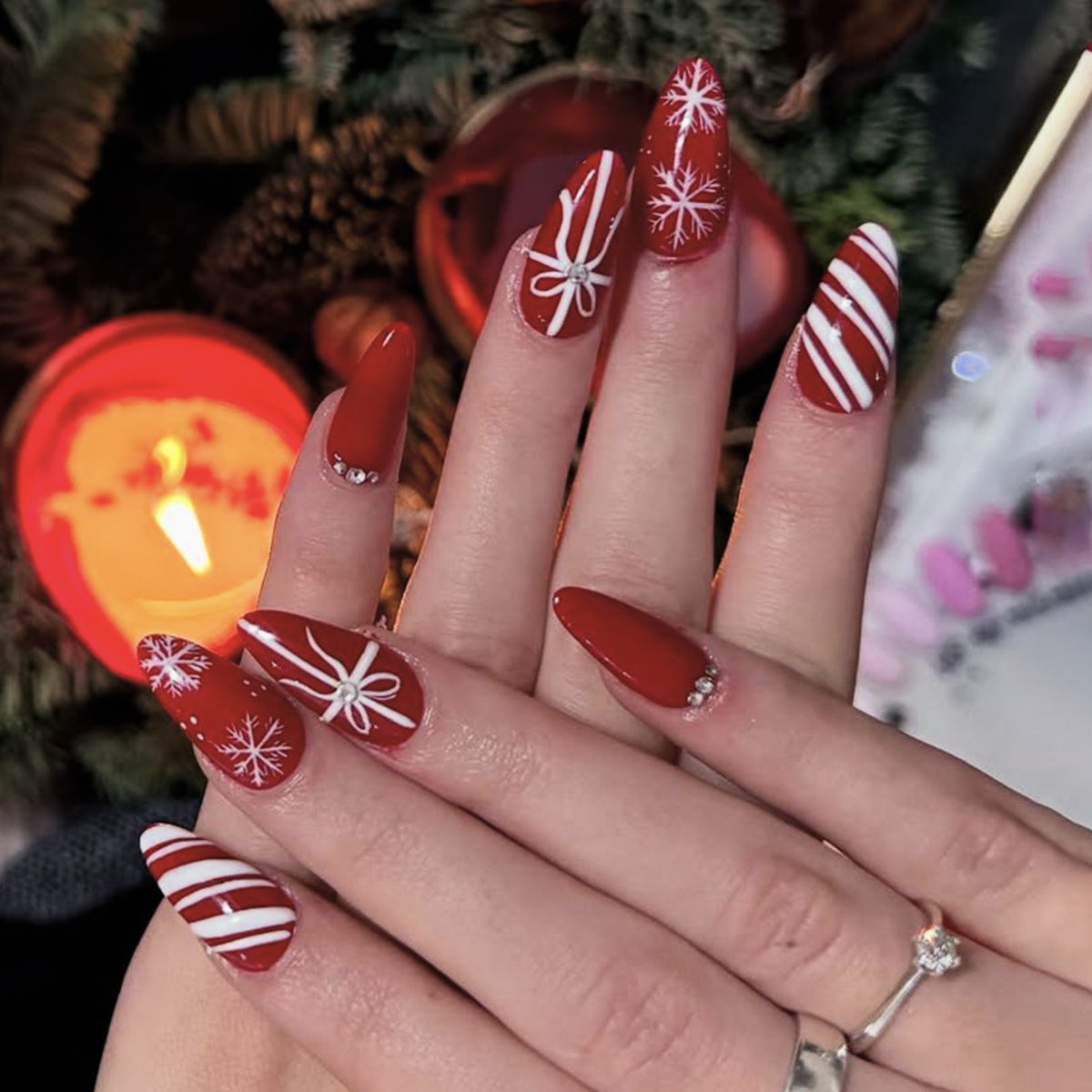 Red and White Christmas Nails with Snowflake Art | Glossy Press On Nail Designs | Festive Manicure for Holiday Dinner