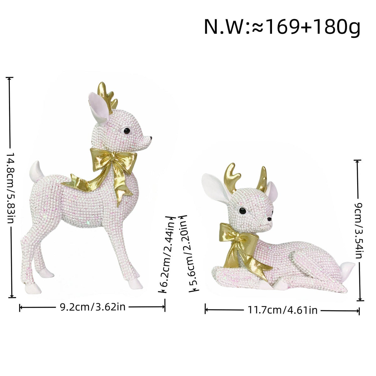 Reindeer Figurine with Glitter Accents and a Festive Bow | Christmas Deer Decor in Gold, Silver, White or Red | Holiday Sculpture