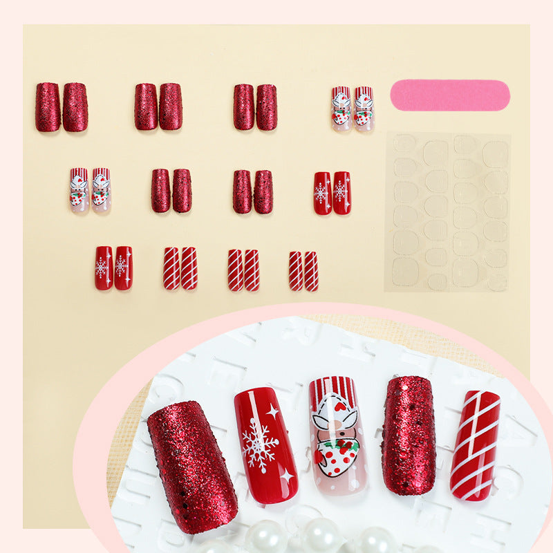 Candy Cane Christmas Nails with Snowman and Snowflake Art | Glitter Press On Nail Set | Festive Winter Manicure