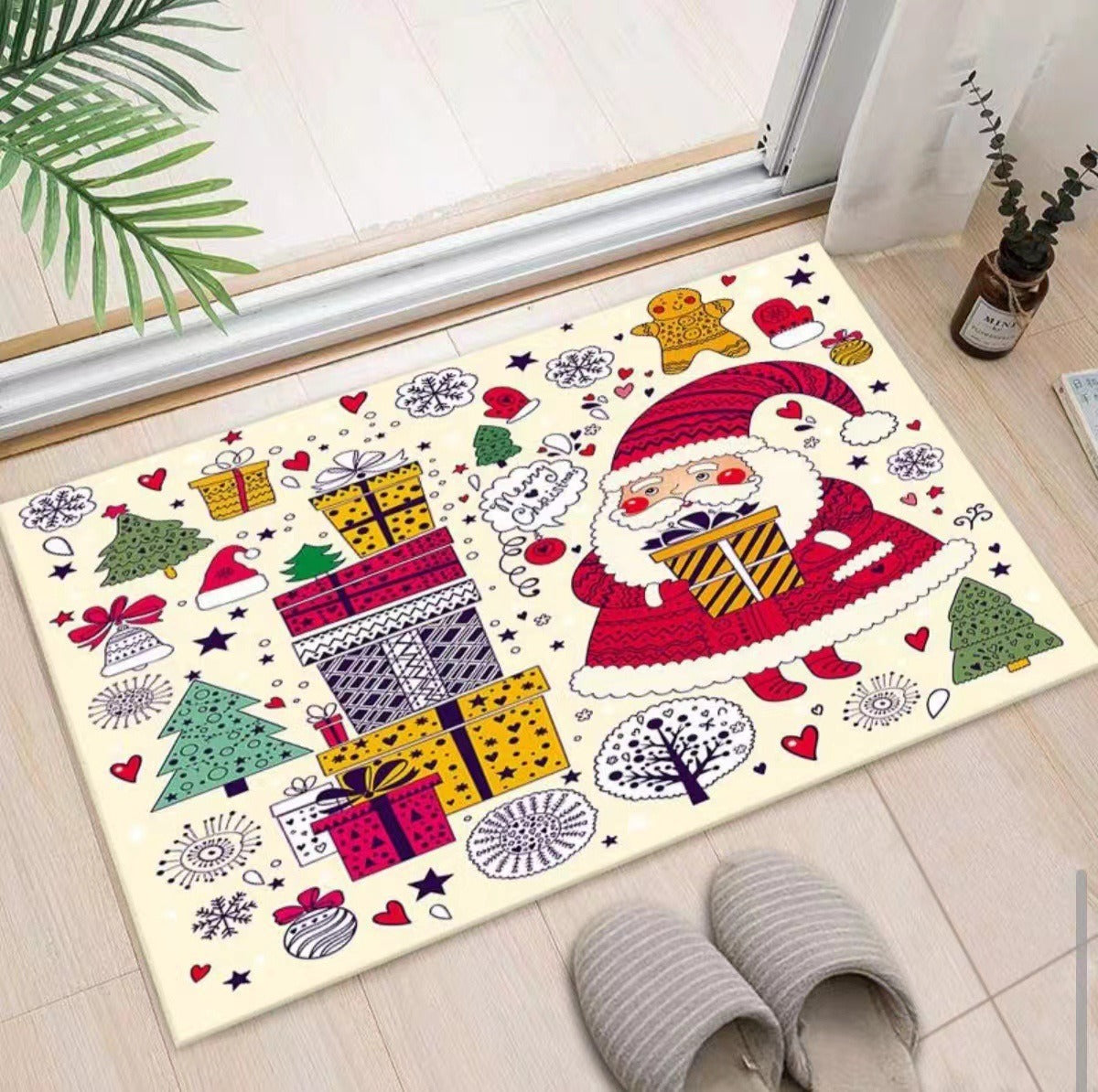 Christmas Rug for Entryway with Santa, Reindeer and Snowman | Absorbent Non-Slip Door Mat | Four Sizes, Seven Designs