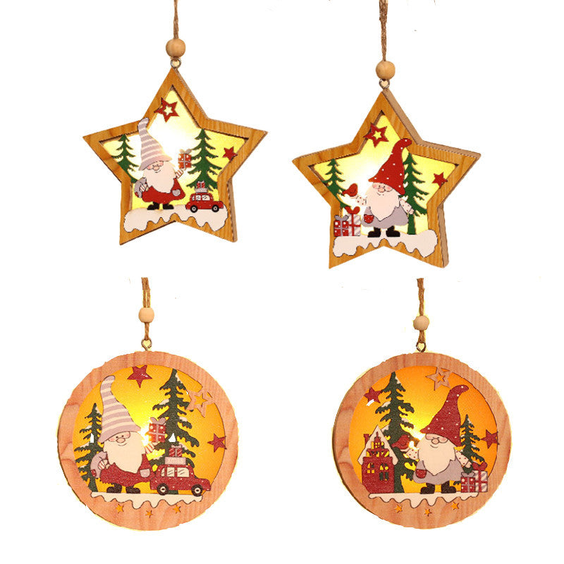 Wooden Christmas Tree Ornaments with Gnome and Santa Cutouts | Star or Round Shape on a Hanging String | 2 Colorways