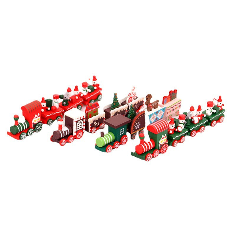 Wooden Train Christmas Ornaments with Gingerbread Passenger | Candy Cane and Fir Tree Details, Hanging Loop | Four Colorful Designs
