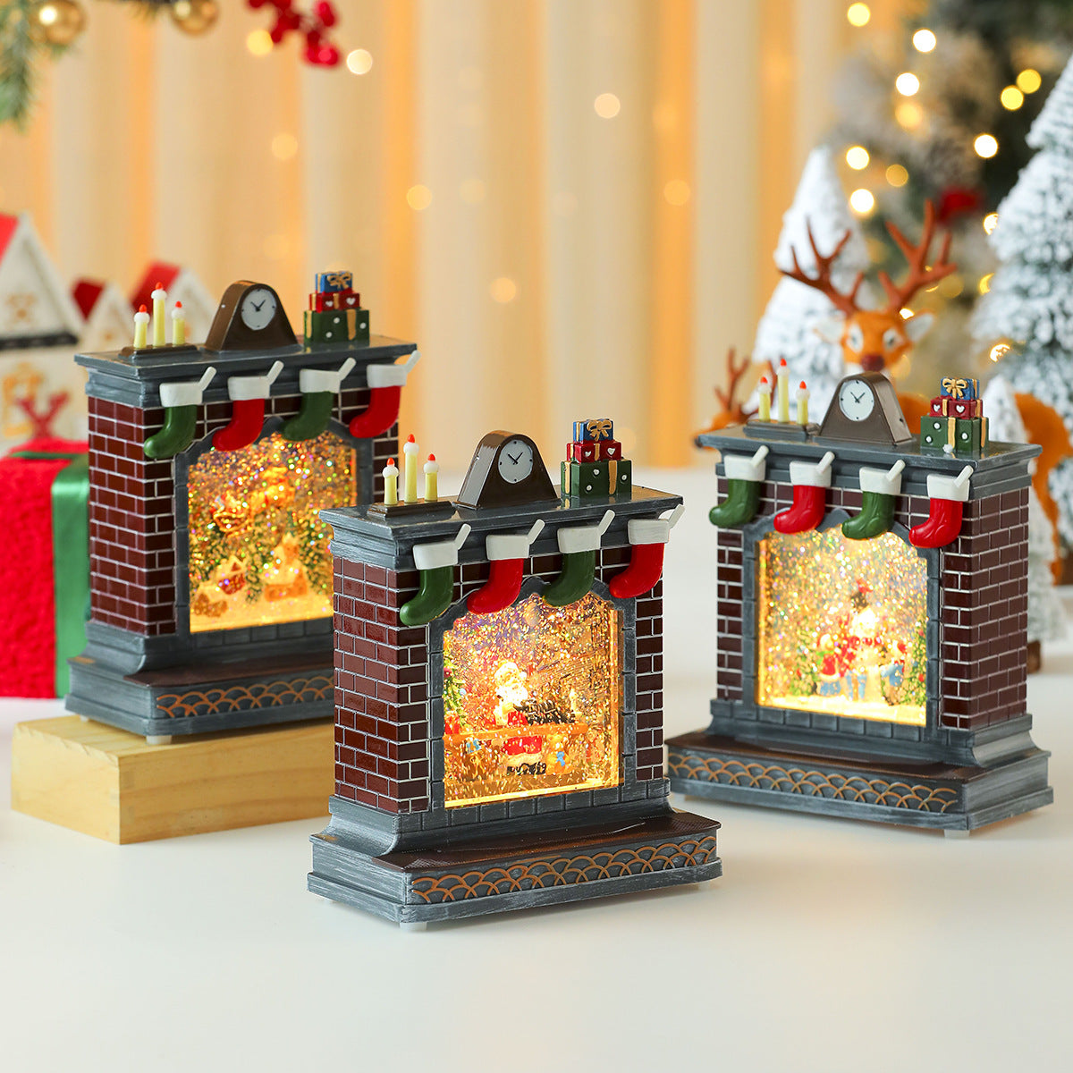 Fireplace Decoration with Christmas Lights | Stockings and Clock Detail | On Off Switch for Mantel or Shelf Display
