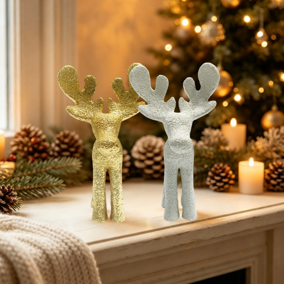 Reindeer Figurine in Resin, 19.5 cm Tall | Christmas Deer Decor for Holiday Tables | Festive Xmas Sculpture in White or Gold