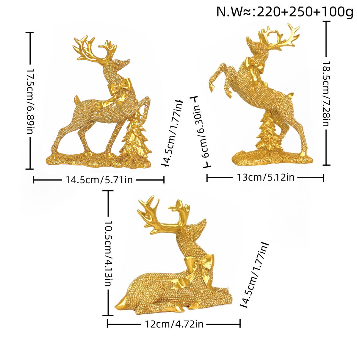 Reindeer Figurine with Glitter Accents and a Festive Bow | Christmas Deer Decor in Gold, Silver, White or Red | Holiday Sculpture