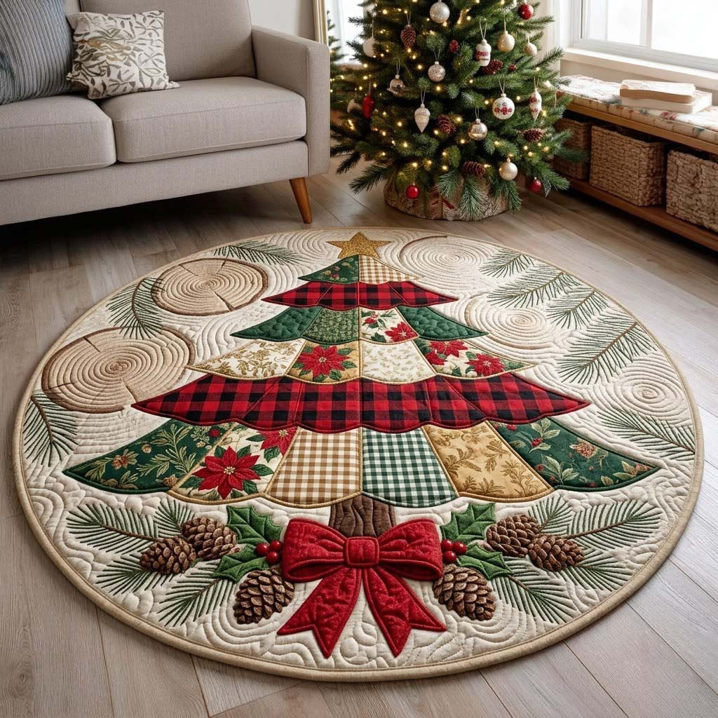 Round Christmas Rug with a Quilted Tree Motif | Soft Underfoot and Easy to Clean | 5 Sizes and 7 Designs