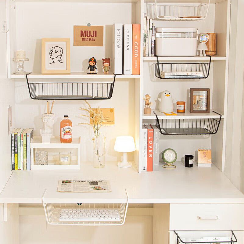 Under Shelf Wire Storage Organizer Basket | Slide-On Rack for Cabinets, Desks and Kitchen Shelves | 2 Colors, 2 Sizes