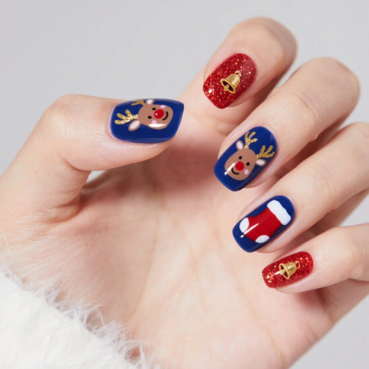 Reindeer Nails in Red and Blue | Christmas Press On Set with Bell Motifs | Short Square Tips, Easy To Apply