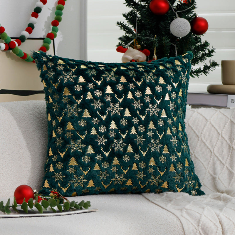 Gold Christmas Pillow Cover with Tree and Reindeer Print | Square Velvet Look Fabric, Hidden Zipper | Eight Designs in Three Sizes