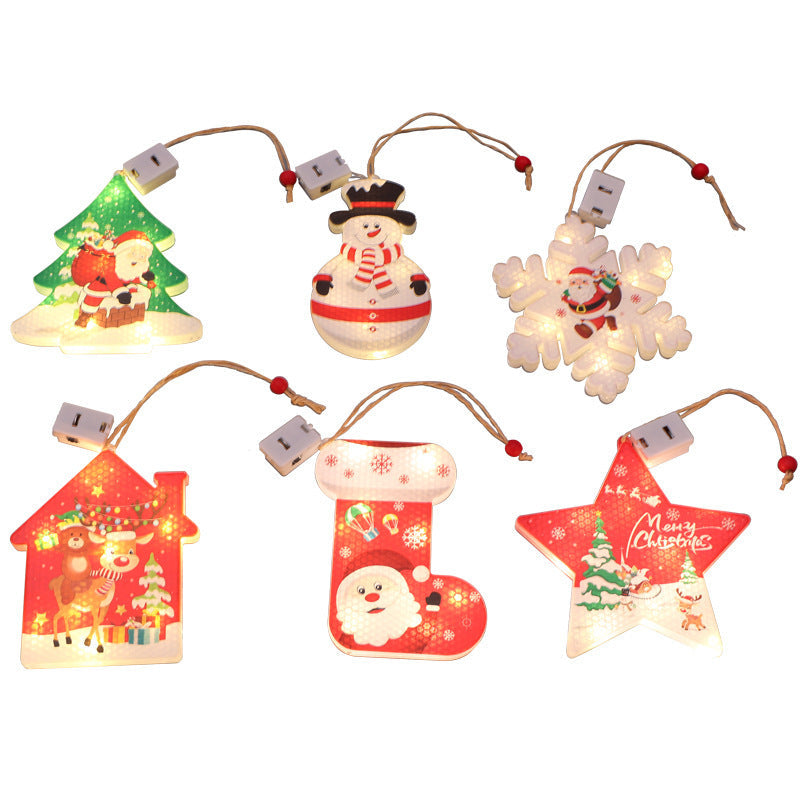 Light Up Snowman Christmas Ornaments with Star, House and Stocking Shapes | Wooden Hanging Decor on a Cord | Warm Indoor Glow