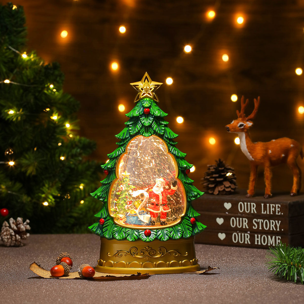Snowman Inside a Lit Christmas Tree Dome | Star Topper and Painted Ornament Details | Warm LED Glow for Living Room Tables