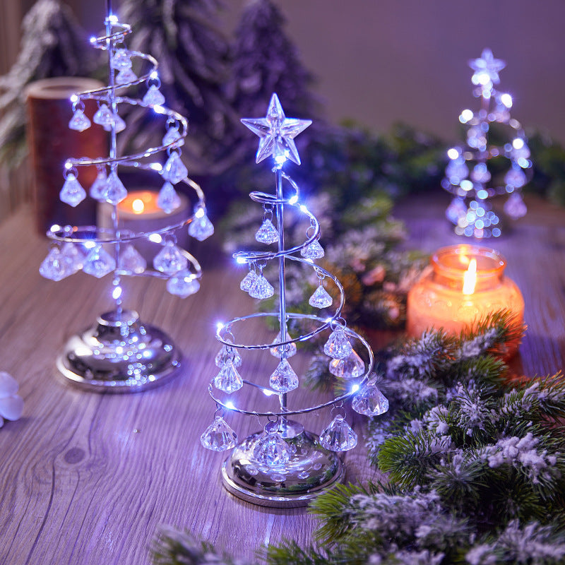 Spiral Mini LED Christmas Tree Lights with Clear Crystal Drops | Star Topper in Gold or Silver | Warm Tabletop Holiday Decor