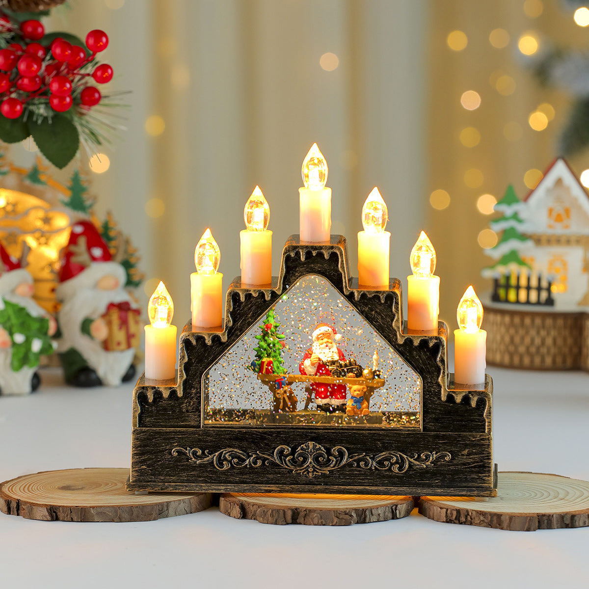 Candle Arch with Warm Christmas Lights | Lit Santa and Tree Scene | Wooden Mantel Centerpiece for Holiday Tables