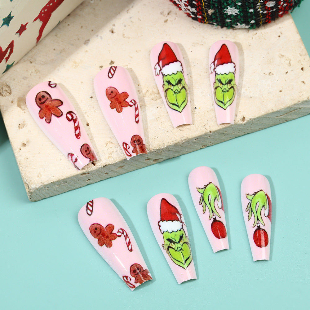 Gingerbread Nails with Santa Motifs | Glossy Christmas Press On Nail Tips | Festive Manicure for Holiday Parties