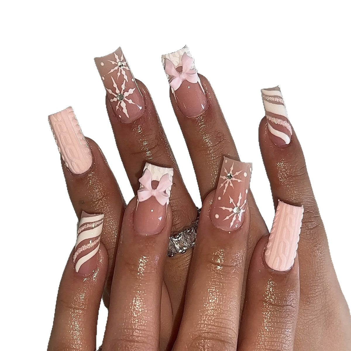 Snowflake Christmas Nails with Delicate Bow Details | Festive Press On Nail Designs | Easy Manicure for Winter Parties