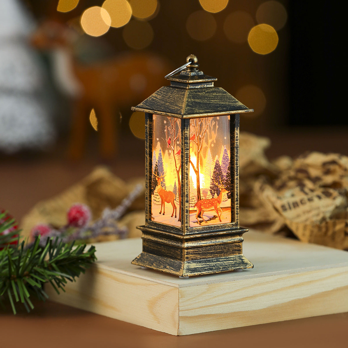Snowman Scene Christmas Decorations in a Small Flame Lantern | Glittering Trees Around the Figure | Soft Glow for Tabletops