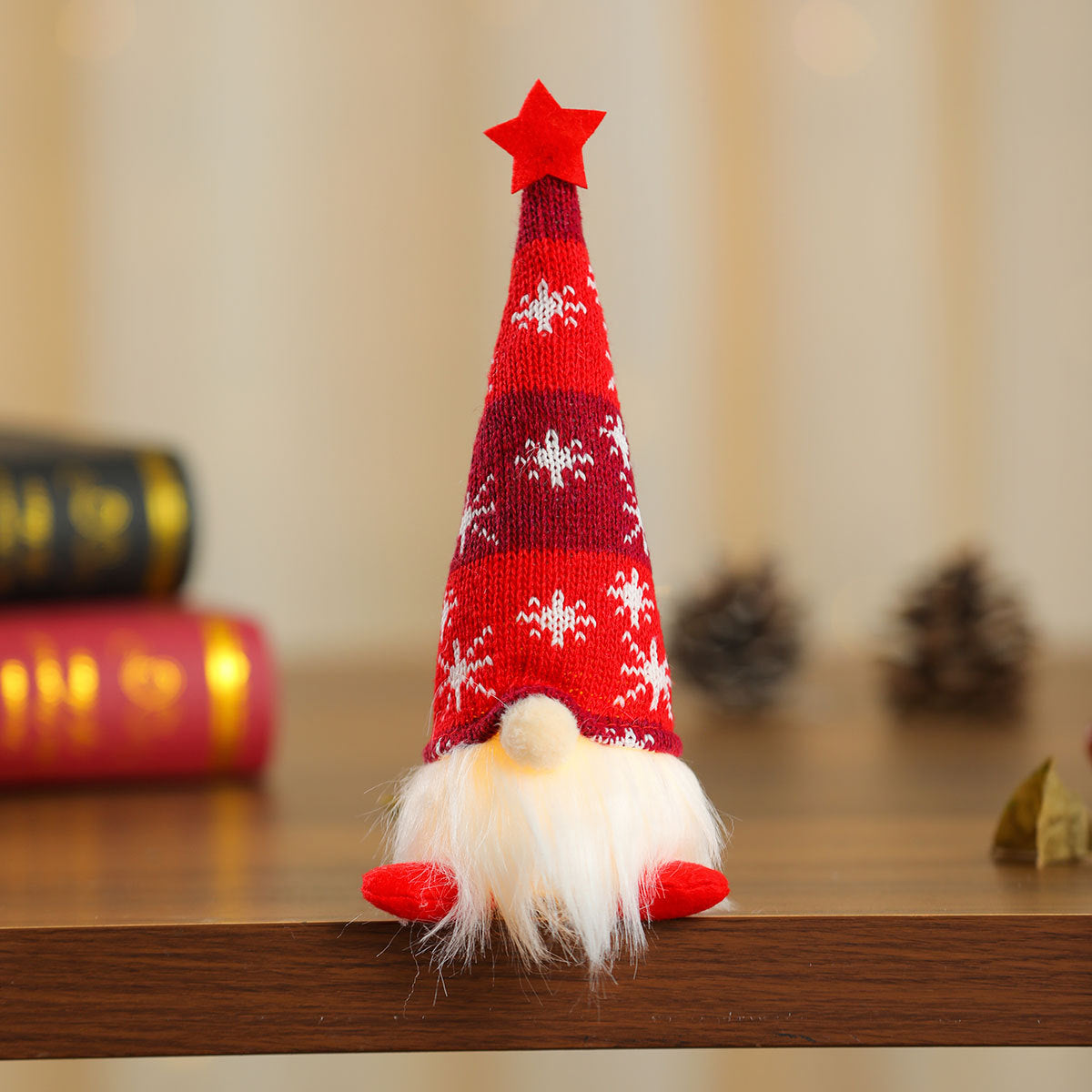 Knitted Gnome Figurine with a Snowflake Hat and Star Top | Shelf and Table Christmas Decorations | Sturdy Yearly Build