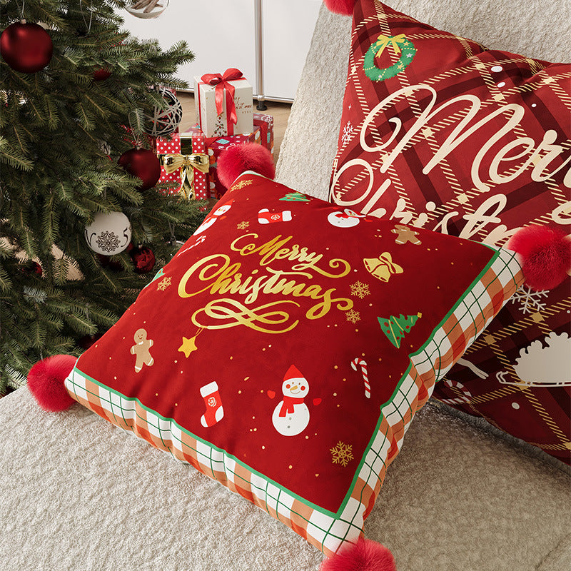 Plaid Throw Pillow Cover for Christmas Decorations with Pom-Pom Corners | Merry Lettering, Hidden Zipper | Five Designs, Three Sizes