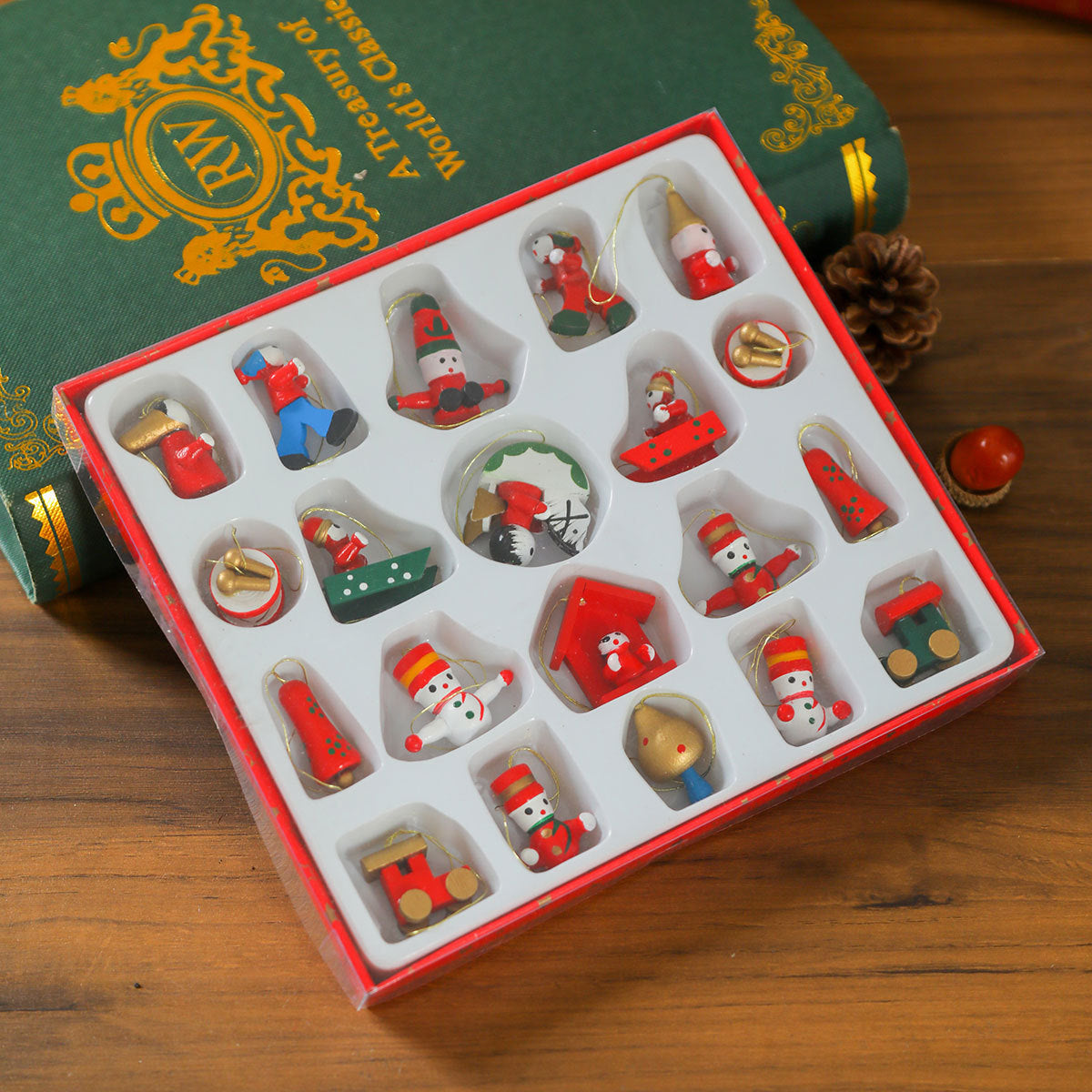 Mini Train Christmas Ornaments in a Gift Box | Bright Colors for Mantel and Tabletop Display | Seven Festive Design Sets
