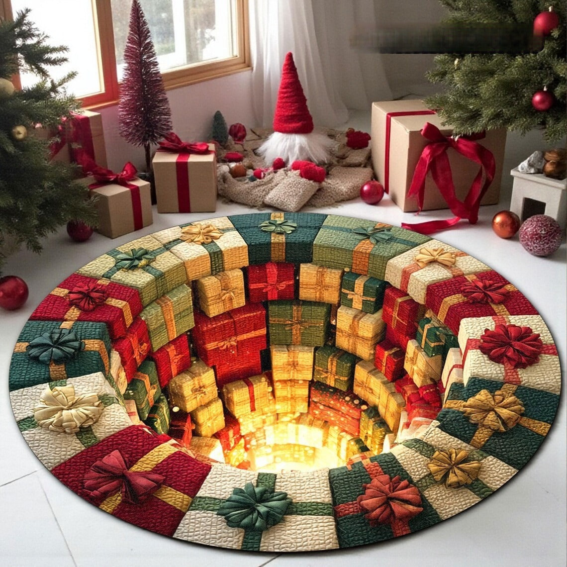 3D Christmas Rug with Gnome and Stone Well Print | Soft Durable Pile That Wipes Clean | 6 Sizes, 14 Designs