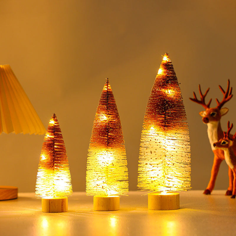 Miniature Artificial Christmas Trees with Delicate Fairy Lights | Realistic Pine Finish on a Wooden Base | Green or Silver