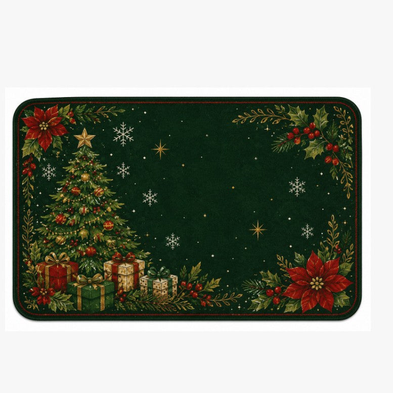 Red and Black Plaid Christmas Door Mat | Ornaments, Snowflakes and Gifts Print | Non-Slip Backing on a Festive Rug