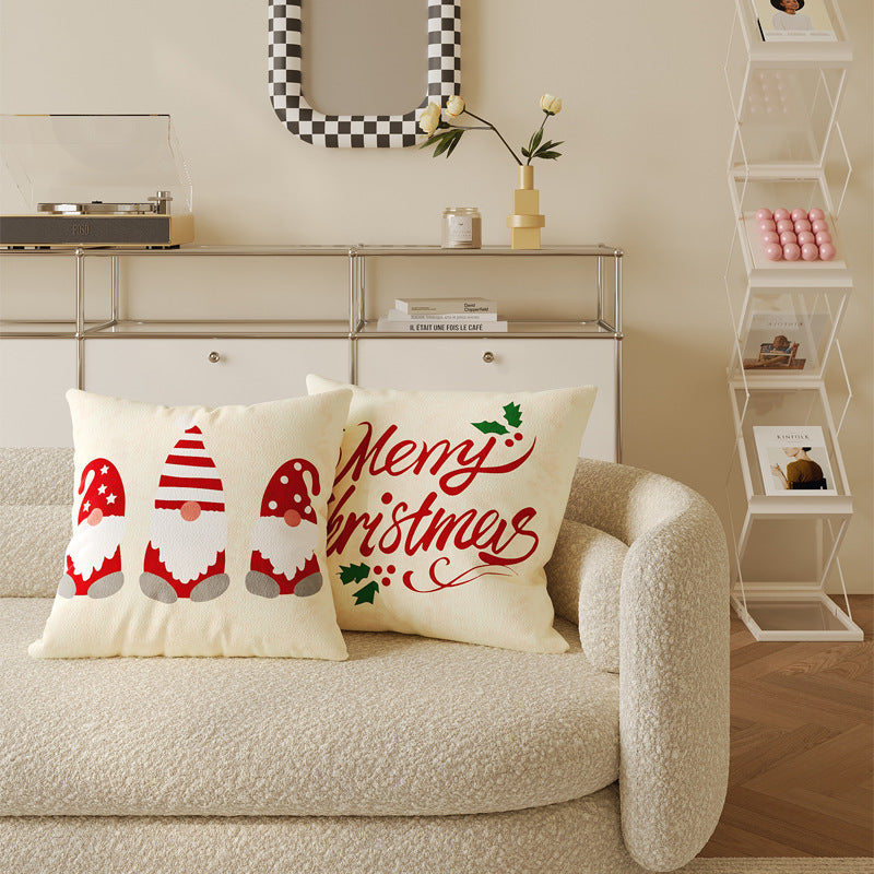 Cotton Linen Pillow Cover for Christmas Living Room Decor | Merry Script with Holly Print | Hidden Zipper, Four Designs, Three Sizes