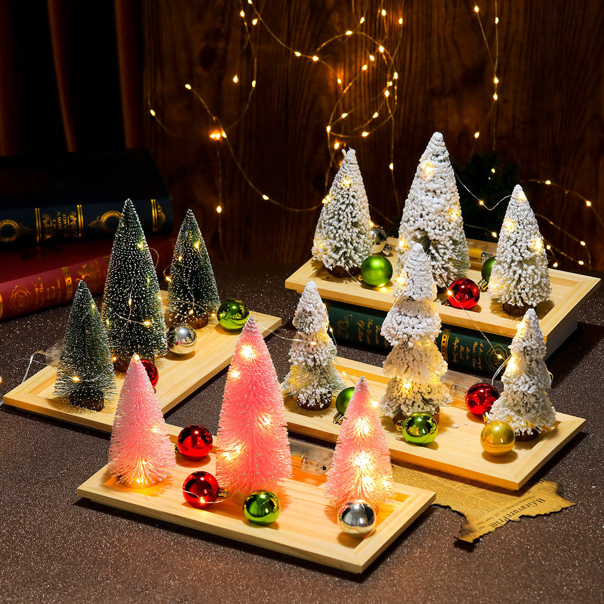 Faux Christmas Tree Trio with Snow Dusted Branches | Warm LED Glow, No Assembly Needed | White or Pink Miniature Table Decor