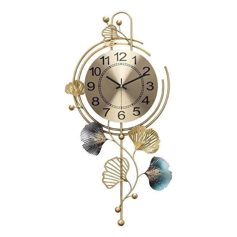 Ginkgo Leaf Wall Clock in Gold and Teal Metal | Large Dial, Clear Numbers, 13 x 26 in | Mounting Bracket Included
