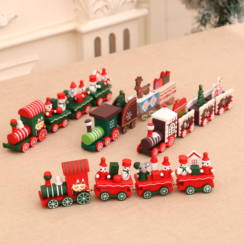 Wooden Train Christmas Ornaments with Gingerbread Passenger | Candy Cane and Fir Tree Details, Hanging Loop | Four Colorful Designs