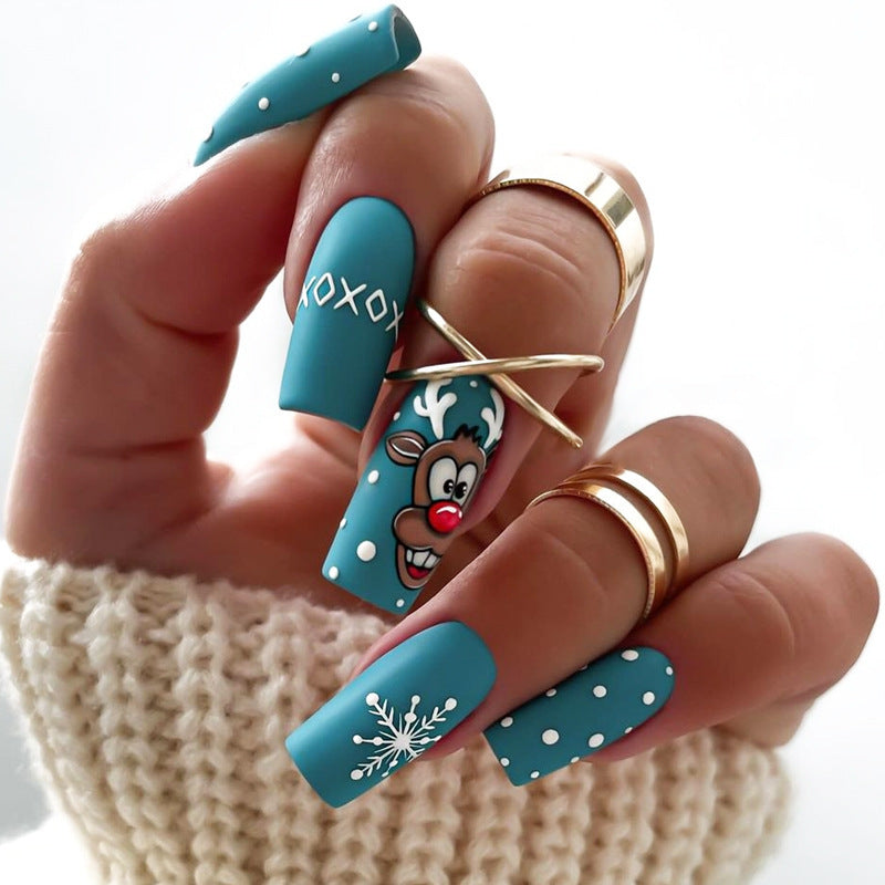 Reindeer Christmas Nails with Snowflake Motifs | Glossy Press On Nail Designs | Festive Winter Manicure for Parties
