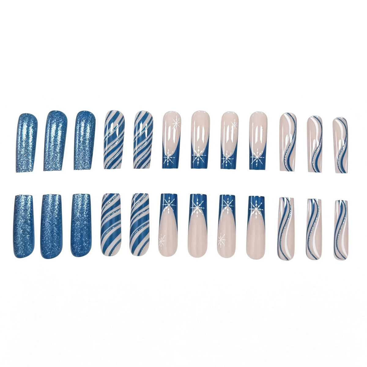 Blue Christmas Nails with Icy Swirl Art | Long Press-On Tips Marbled in White | Radiant Finish for Winter Celebrations
